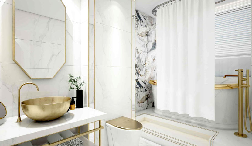 طراحی حمام مدرن همراه با سطح مرمر و وان حکاکی شده طلایی