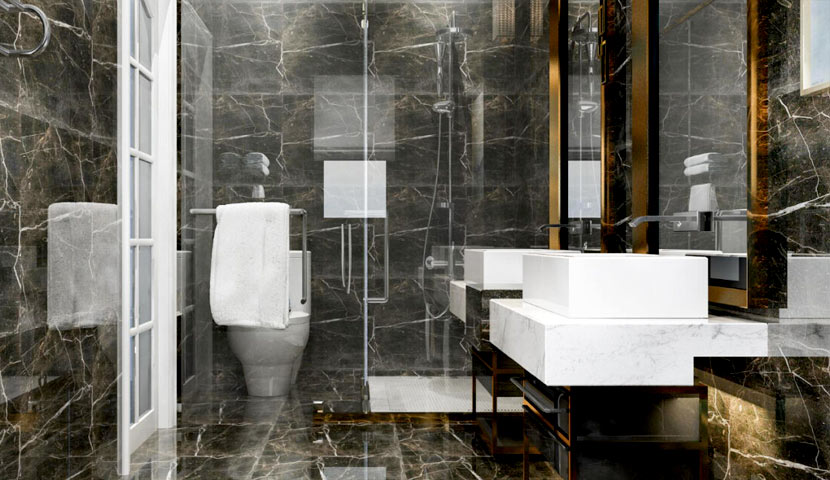 طراحی حمام مدرن با سطح مرمر سیاه و پارتیشن شیشه ای و روشویی سفید