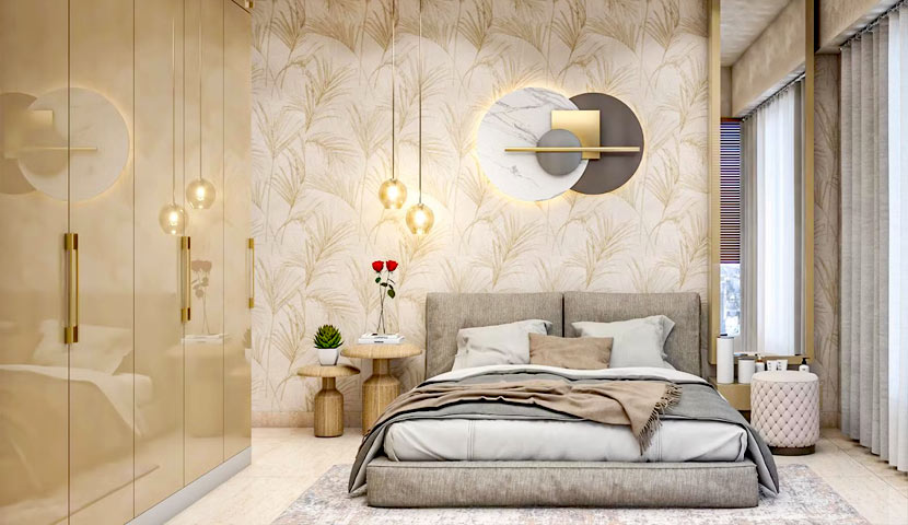 طراحی دیوار اتاق خواب لاکچری با کاغذ دیواری