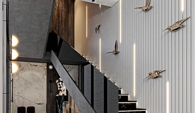  طراحی راه پله ترکیبی سنگ و شیشه ساختمان