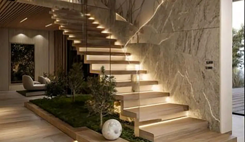  طراحی راه پله ترکیبی سنگ و شیشه ساختمان