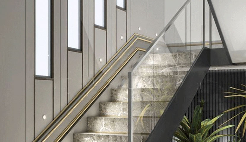  طراحی راه پله ترکیبی سنگ و شیشه ساختمان