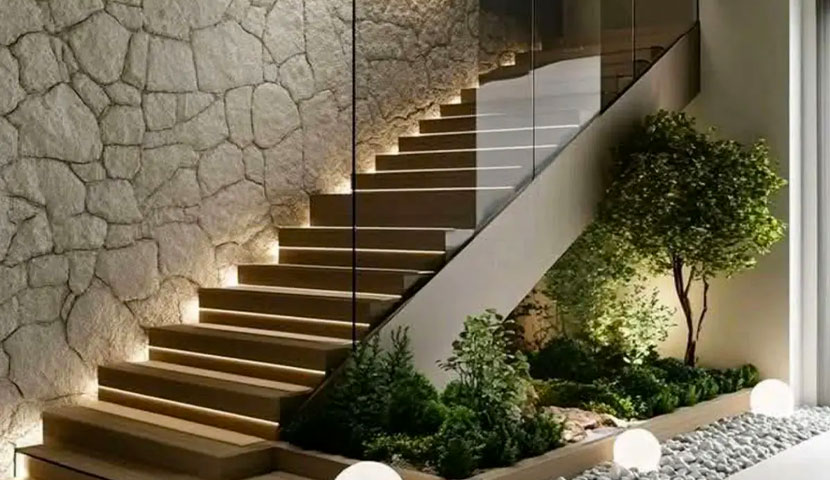 طراحی راه پله ساختمان با نورپردازی زیر پله