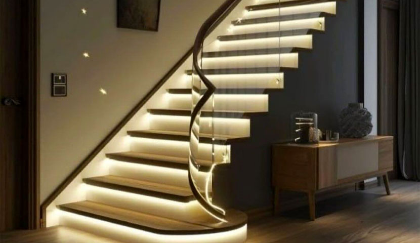 طراحی راه پله ساختمان با نورپردازی زیر پله